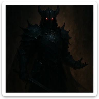 Nightvow, a captain in the DARK army, mysterious and commanding, dark armor, glowing eyes, fantasy villain, dramatic lighting sticker