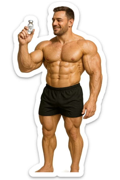 BODYBUILDER A FIGURA INTERA CHE TIENE IN MANO UNA FIALA MEDICA CON la scritta "BPC 157" SULL'ETICHETTA E LA GUARDA SODDISFATTO, iperrealistico 4k sticker