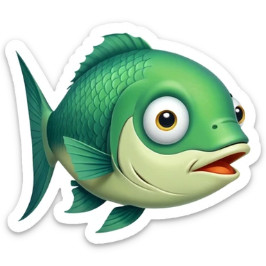 super derpy green fish with droopy eye and goofy overbite, perfect flat side profile facing right, exactly 90 degrees, completely 2D like a paper cutout, only one eye visible, absolute side view sticker