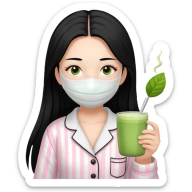 chica de pelo lacio color negro cabellera larga piyama blanca con rayas rosa claras peo no tan claras no oscuras el bordado es negro al igual que los botones )tiene una mascarilla para la cara una mascarilla faciial blanca y sostiene un matcha  y es de test blanca  sticker