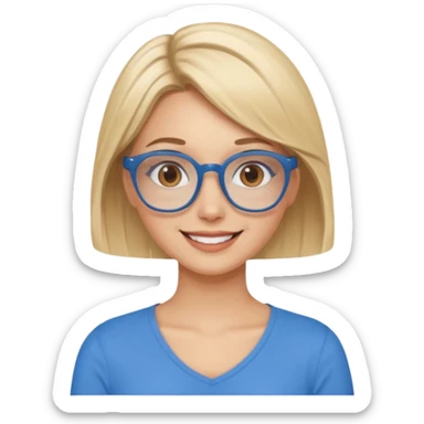 Asthectic pretty Blonde women brown eyes, blue glasses, waring a brown top smiling with hearts around her. sticker