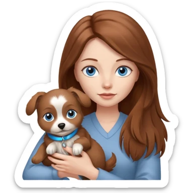 long hair chestnut color blue eyes woman holding small grey dog sticker