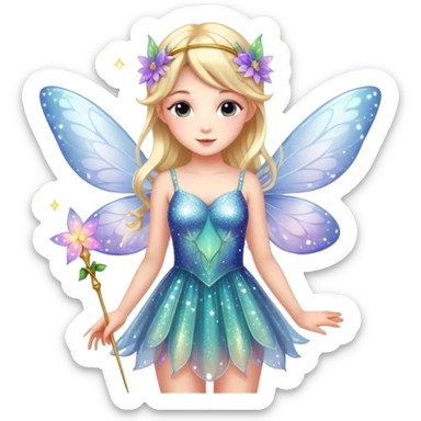 Cute fairy girl with delicate wings, sparkly wand, floral dress, and magical glitter sticker