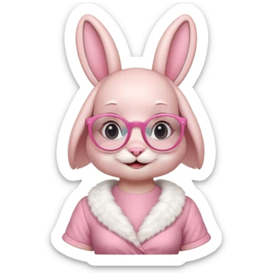 Pink bunny with big circular glasses, smiling, half body with dress sticker