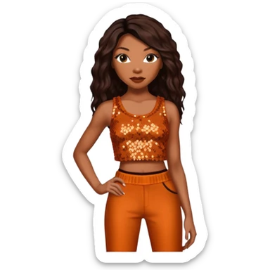 Brandy Norwood with dark brown long hair, burnt orange sequin crop top and pants sticker
