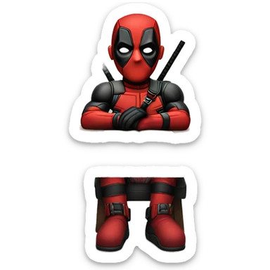 Cute Deadpool sitting at a desk, front view sticker