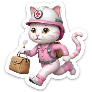 A Cartoonish cute white and pink funny cat cartoon style, dressed as engineer with a white helmet, running super fast carrying her cute bag, leaving a trail of smoking footsteps sticker