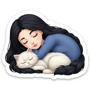 A pretty white girl with very long black hair and sleeping curled up to a Persian cat  sticker