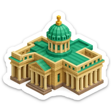 Kazan Cathedral of Saint Petersburg in voxel style, isometric view, realistic colors with light brown stone, green central dome, white columns sticker