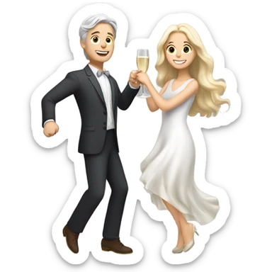 a white boy with gray hair and a girl with long blond wavy hair dancing with a glass of champagne sticker