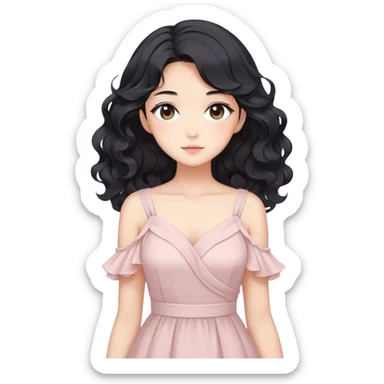 Gorgeous anime lady with elegant black wavy hair wearing a soft flowy feminine dress in pastel colors sticker