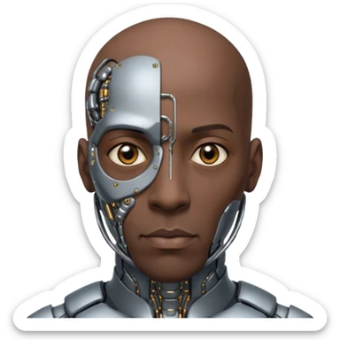 bald black man, vertical half of his face covered in cyborg augmentations sticker