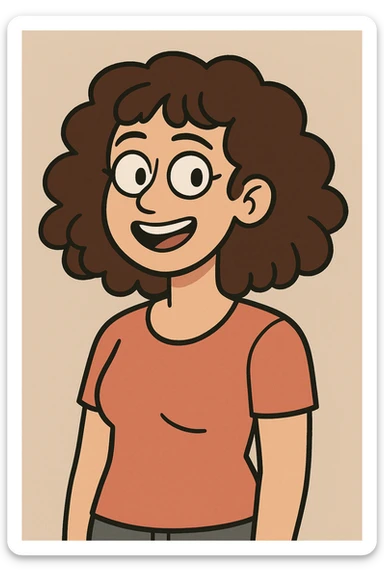 curly haired woman with shoulder length brown hair, cartoon style, colorful and expressive sticker