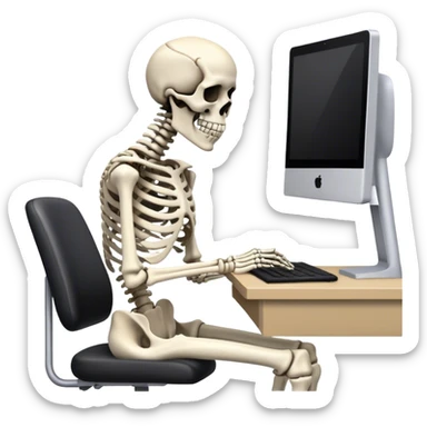 Skeleton sitting at computer desk sticker