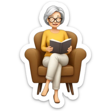 50 years old  woman, glasses, armchair, Reading at home, drinking a coffee, relax sticker