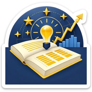 A yellow productivity book with navy blue and gold details, and chart with upward trend aura, radiating productivity, strategy, and success in motion with time and happiness yellow... power in time aura of happiness sticker