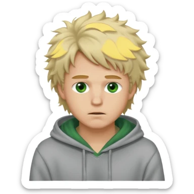 Hot, fluffy messy  hair blond guy with green eyes and grey hoodie closed mouth sticker
