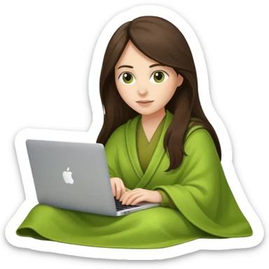 Brunette long hair woman inside a green pistachio color blanket working on her MacBook  sticker