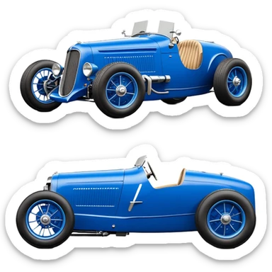  Ruby-blue Fenderless extended-wheelbase 1933 luxury racing Ford lowered powerful V-8 engined racing car featuring advanced rugged 4 wheel independent suspension, power steering, disc brakes, small leather covered steering wheel, side mounted cowl exhaust  sticker