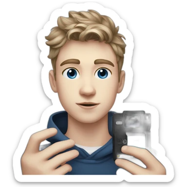 white blue eyed teen boy with dark blonde hair stands with a black polaroid onestep sticker