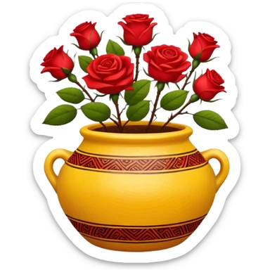 Yellow ceramic pot with red roses; the pot is decorated in an ethnic style. sticker