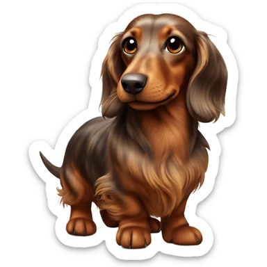 cheerful long-haired brown marble dachshund in full height on the side with small ball sticker