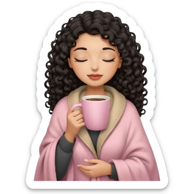 woman with hispanic medium skin tone, black long 3b curls, closed eyes, feminine face, holding soft pink coffee cup with beige blanket over shoulders sticker