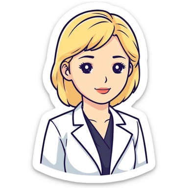 blonde caucasian woman in white dress shirt and white lab coat sticker