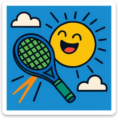 a tennis racket hitting the sun, playful and dynamic, vibrant cartoon style, bold colors sticker