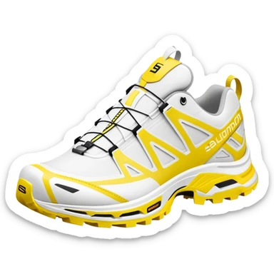 Clean white Salomon XT-6 with only a yellow colored stripe running through the center, one shoe positioned behind the other, entirely white except for the colored middle line sticker