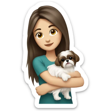 Young brunette hair woman with a cream shih tzu in her arms long hair sticker
