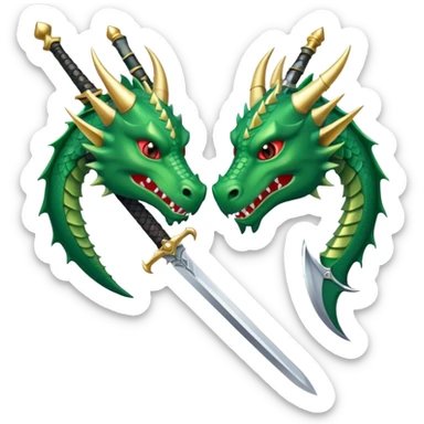 stylized green dragon head and medieval sword facing each other, sword with classic knight hilt and wide blade, simple bold sticker