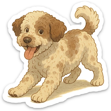 playful pose Lagotto Romagnolo dog, roan coat, gentle lighting, ghibli style sticker
