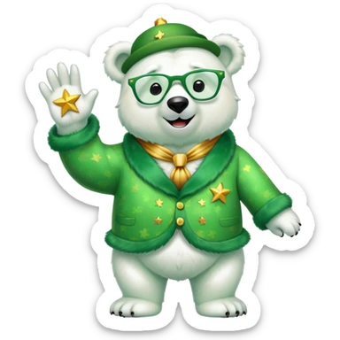 full body friendly anthropomorphised polar bear wearing large multicolored star-shaped glasses and festive St. Patrick's Day outfit, waving and smiling sticker