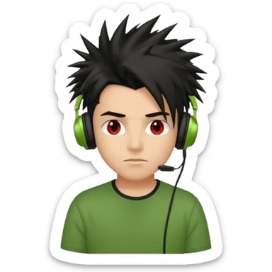 chico pelo medio largo ojos rojos y una camisa verde pelo tipo spike y unos audifonos pelo negro y mas voñuminoso sticker