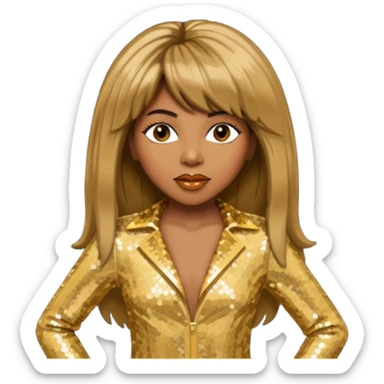 Tina Turner with long brown straight hair, gold sequin outfit sticker