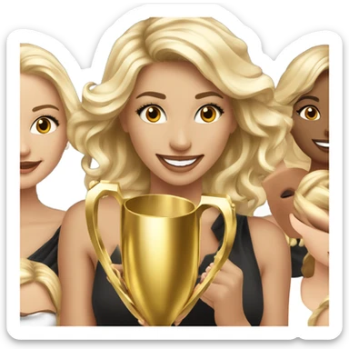 Seven beautiful and elegant blonde and Latina models celebrating with 1 huge gold trophy sticker