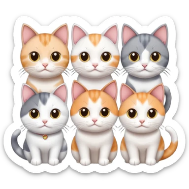 5 different coloured short haired cats including; a dark brown and white cat, and a dark grey and white, and a calico sticker