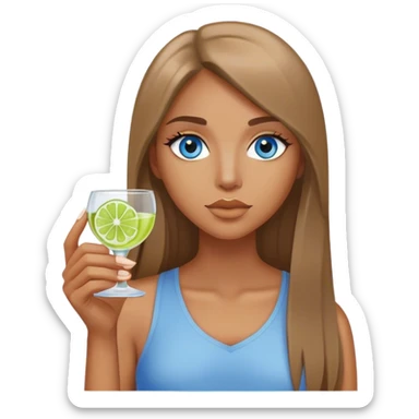 tan woman, long light brown straight hair, grey blue eyes, holding a shot with lime sticker
