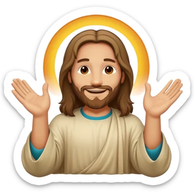 Cartoon sticker of Jesus smiling, hands together. Vibrant colors, white background. Large text: 'AMÉN'." sticker