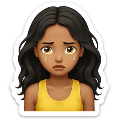 brown pretty bratz girl with long wavy black hair, wearing a yellow tank top. looking sad sticker
