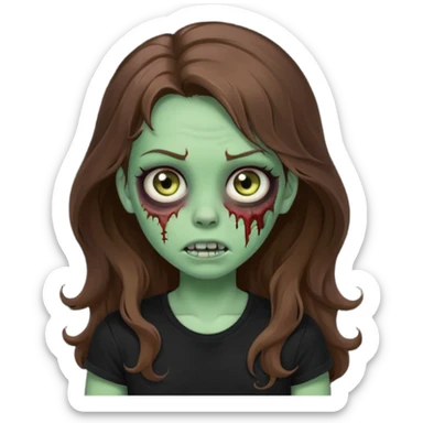 crie uma garotazoombie cabelo ondulado 2c longo castanho castanho comprido e blusa básica preta sem nada com pele esverdeada com rosto fofo  sticker