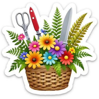 Icon for Floristry: a woven basket with flowers, reeds, ferns, bright ribbons and a small plush toy. Add big garden scissors and knife above. The icon should represent creativity in flower arrangement and decorative design. Transparent background. sticker