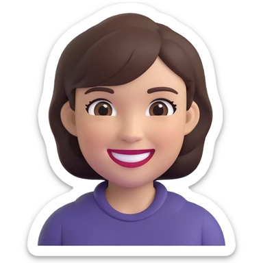 memoji-style lady with short dark brown hair, grinning sticker