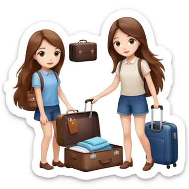 Two beautiful girls with long brown hair packing a suitcase,clean-girl aesthetic sticker
