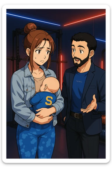 ispirati a questo stile di disegno e fai questa immagine in versione manga/webtoon a colori, il manga mostra la donna preoccupata con un neonato in braccio con una tutina azzurra e la scritta "S" sulla schiena, mentre ascolta l'uomo mentre l'uomo gli sta spiegando una cosa, ma non fare i fumetti, fai come se stessero parlando sticker