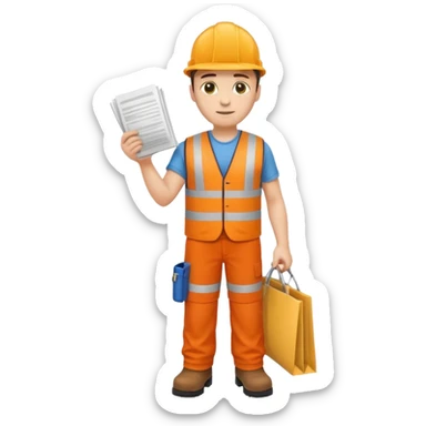 railway worker with orange vest, trousers, boots, and rolled-up plans, emoji style sticker