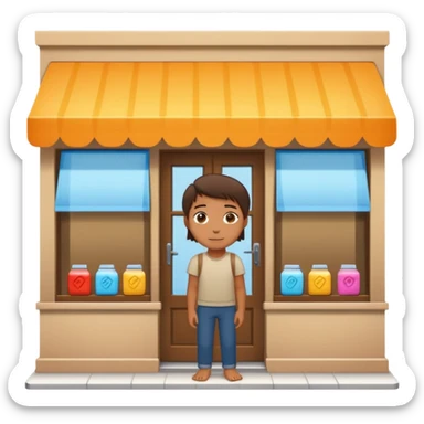 grown  2D line-drawn character + small bright shop sticker