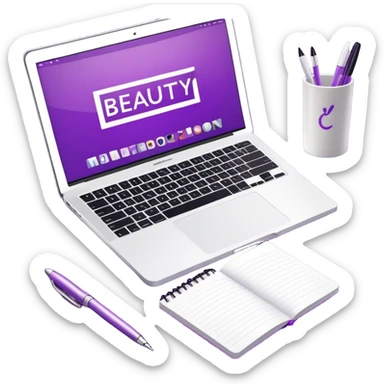 top view of a MacBook and a notebook with a pen nearby, notebook with visible notes, MacBook screen showing a beauty salon logo on a purple background sticker
