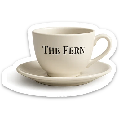 white coffee cup with 'The Fern' written on it in elegant serif letters, classic and refined look sticker